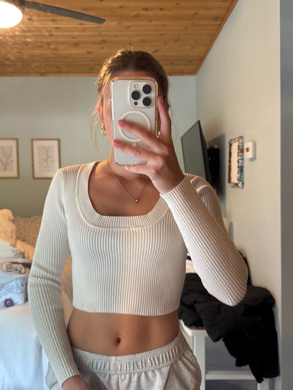 Zara Cream Ribbed Scoop-Neck Long-Sleeve Crop Top